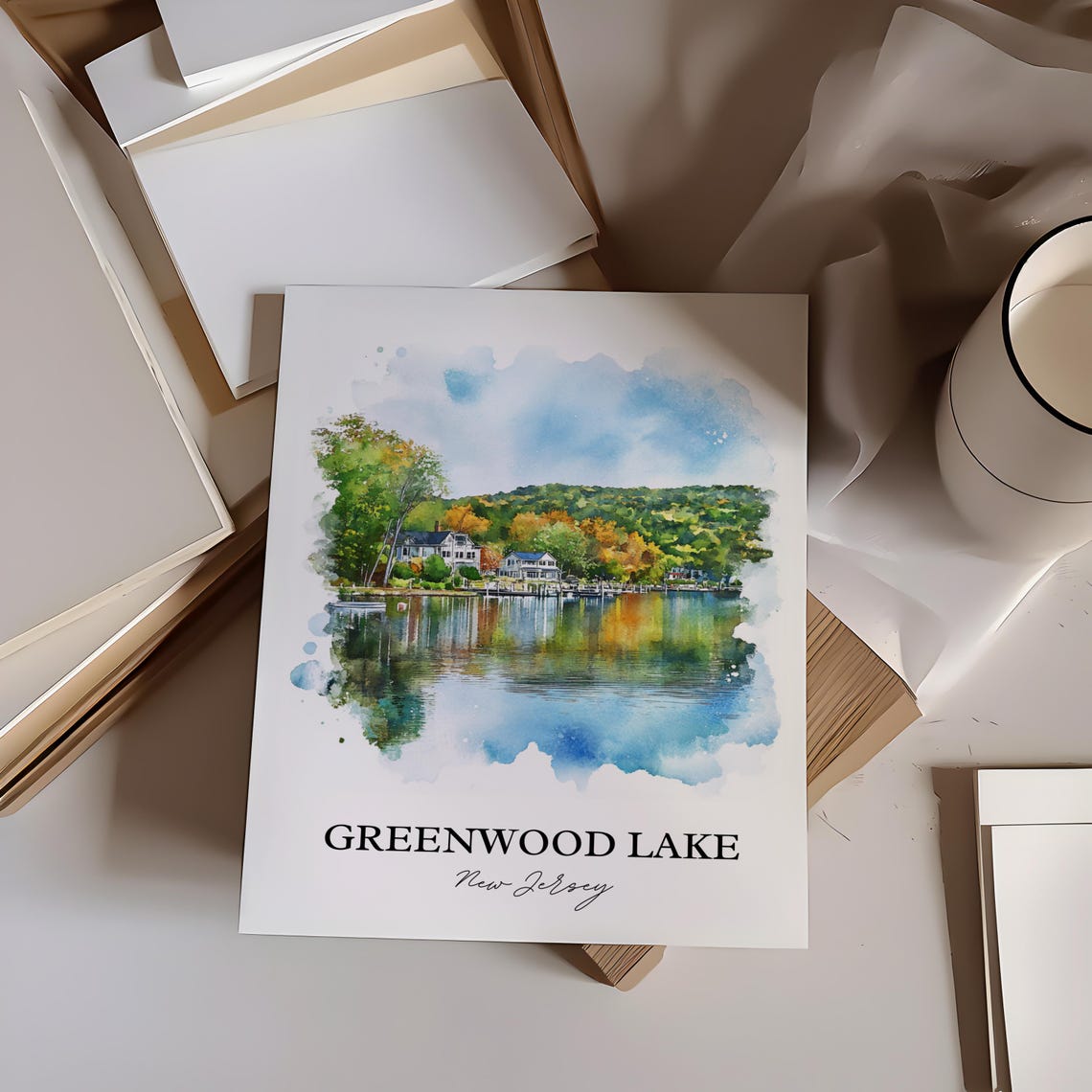 Greenwood Lake New Jersey Lakeside Homes Watercolor Lake Poster - Image 2