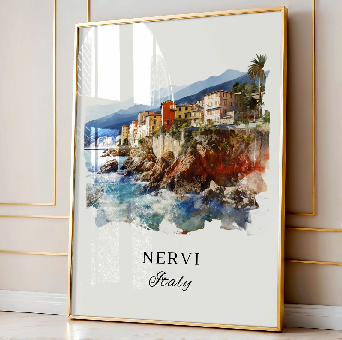 Nervi Italy Riviera Coast Colorful Cliffside Town Watercolor Poster