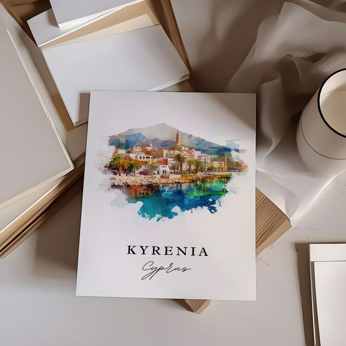 Kyrenia Cyprus Coastal Palm Town Harbor Watercolor Travel Poster - Image 6