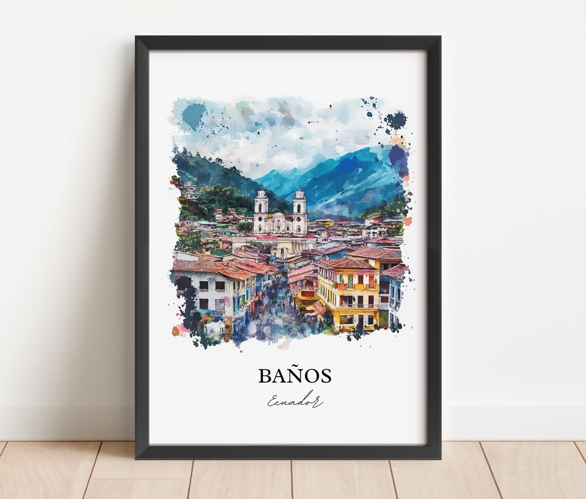 Banos Ecuador Watercolor Twin Tower Church Mountain Town Poster - Image 2