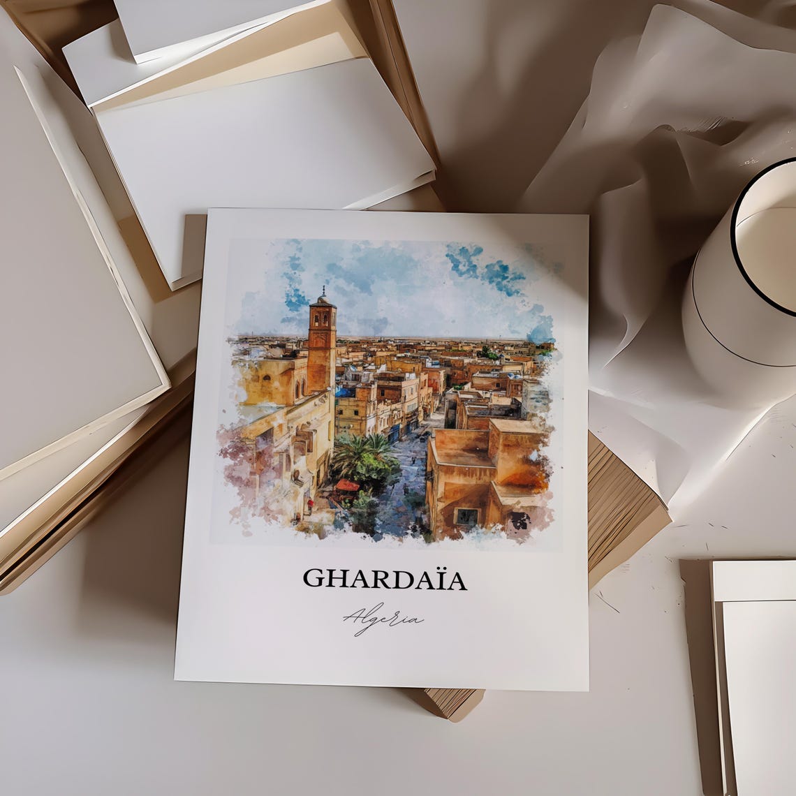 Ghardaia Algeria Ancient Mzab Valley Old Town Watercolor Travel Poster - Image 3