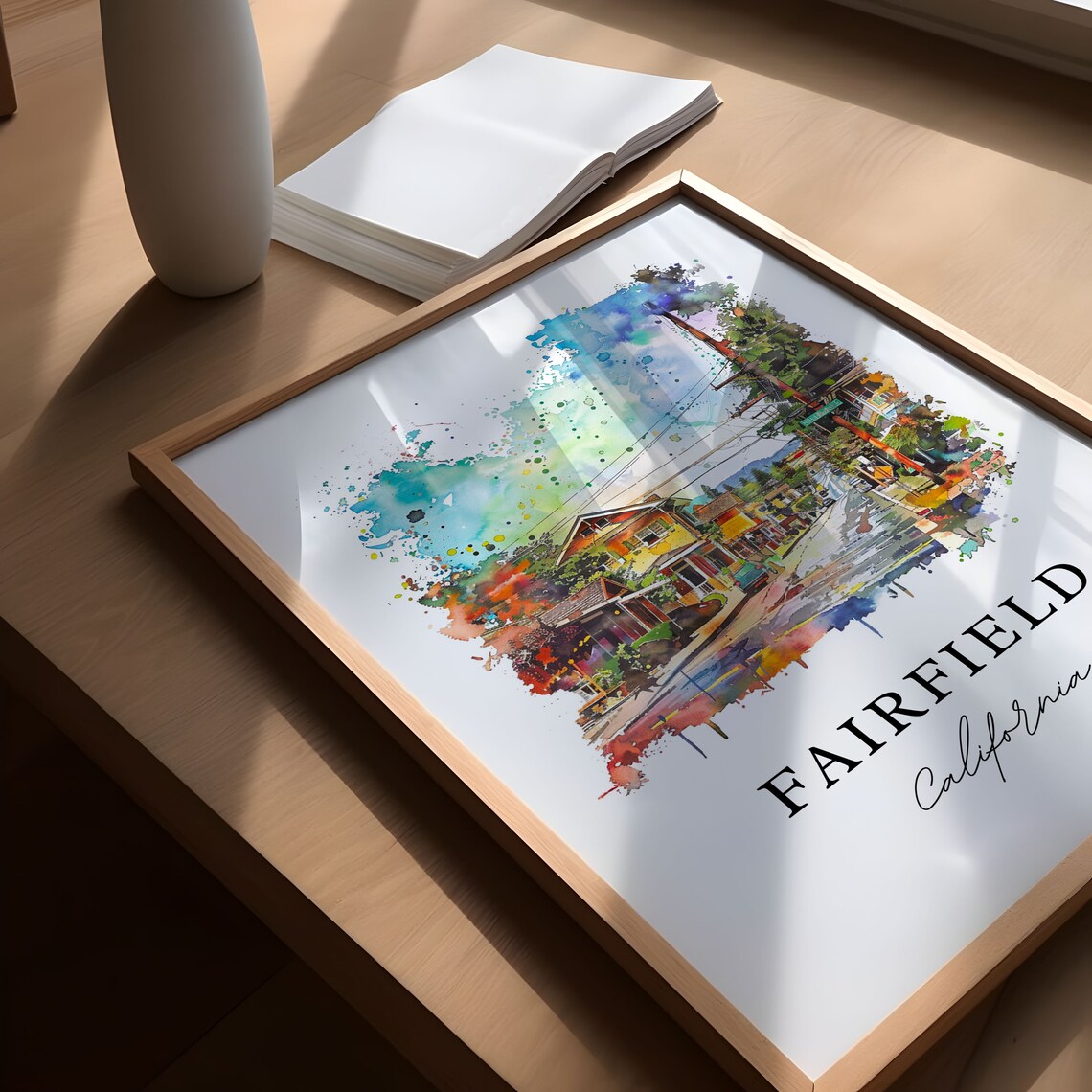 Fairfield California Watercolor Colorful Street Houses Scene Poster - Image 5
