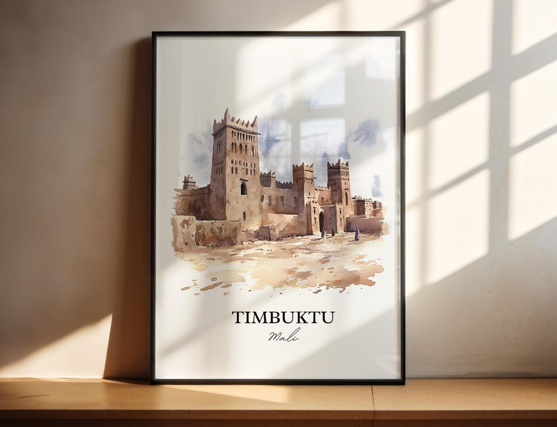 Timbuktu Mali Ancient Mosque Towers Desert Watercolor Poster