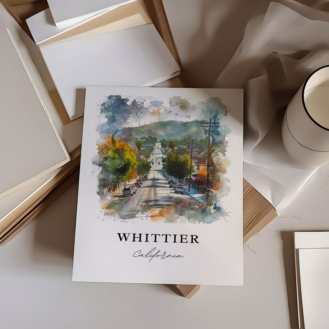 Whittier California Watercolor Palm Lined Street Hills Poster - Image 6