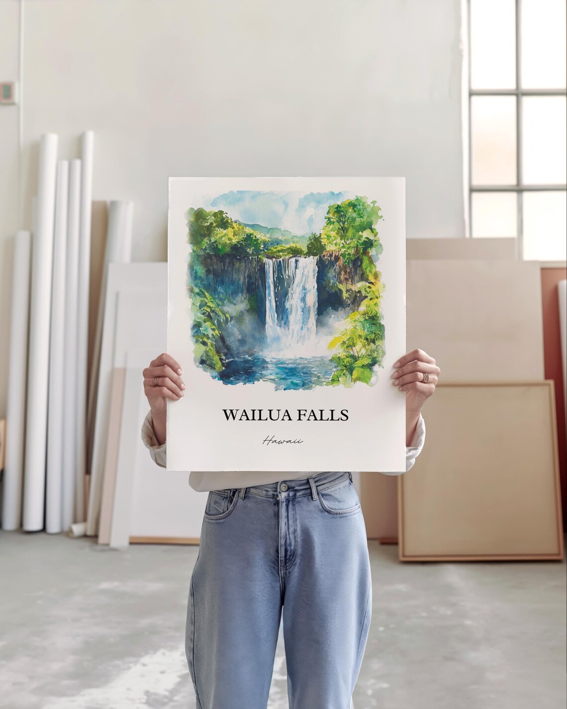 Wailua Falls Hawaii Lush Jungle Waterfall Watercolor Travel Poster - Image 3