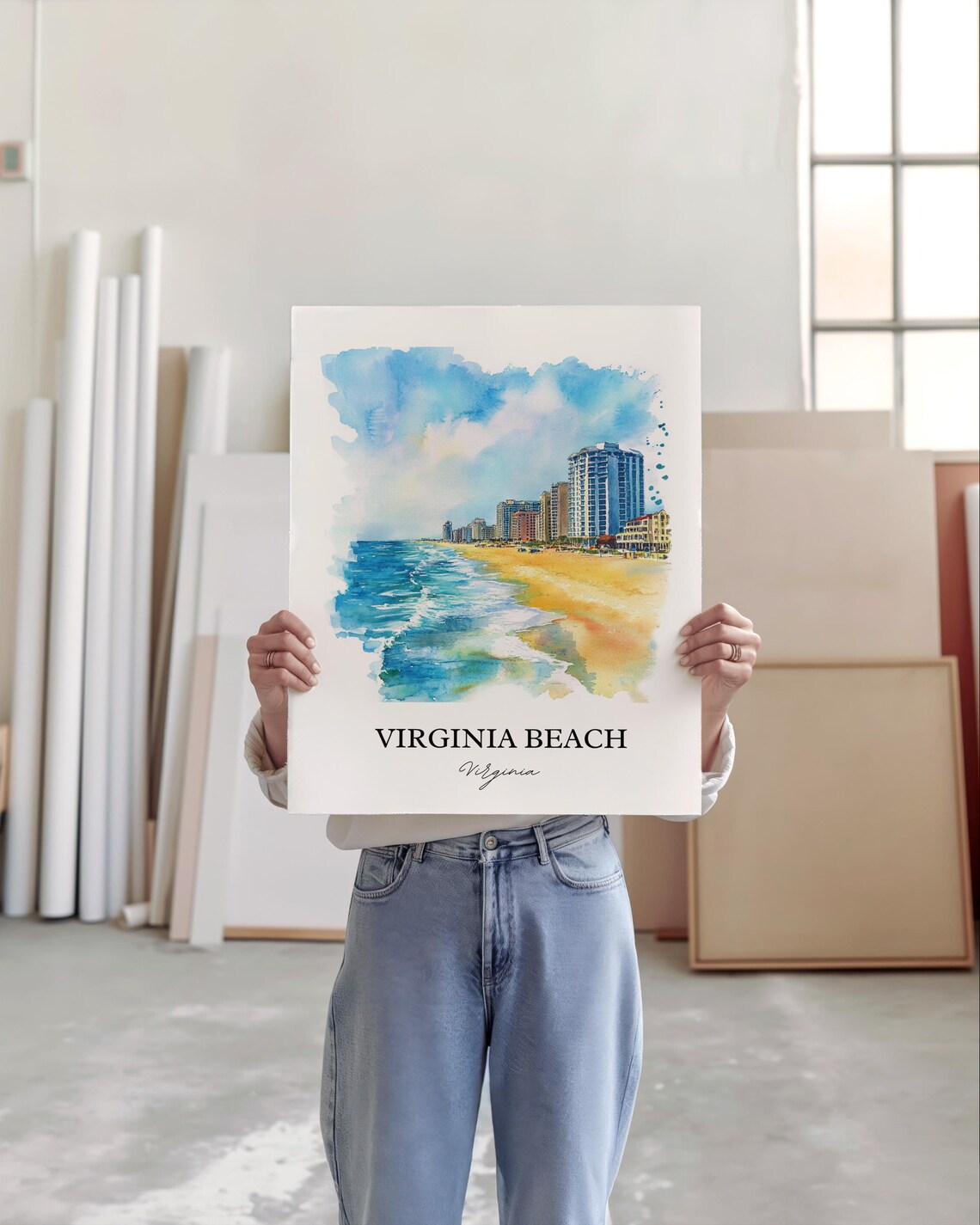 Virginia Beach Oceanfront Hotels Watercolor Coastal Travel Poster - Image 3
