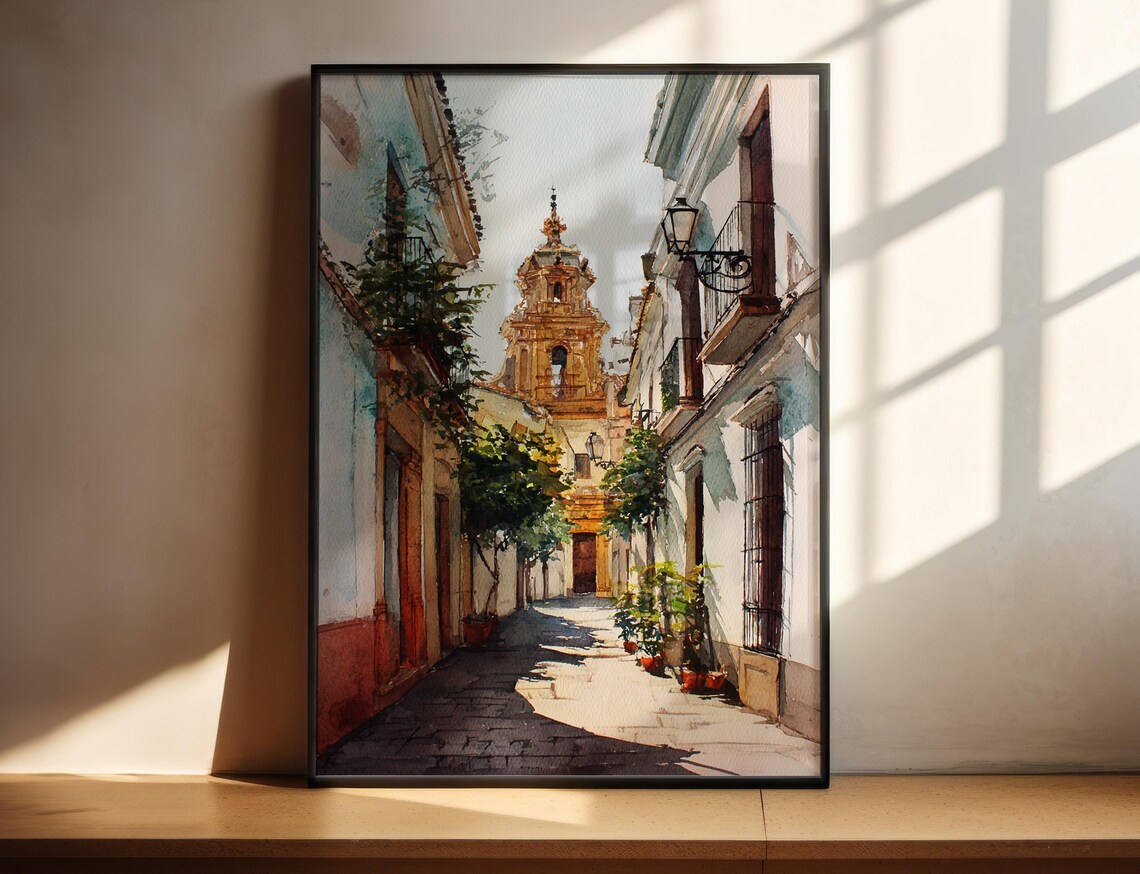 Spanish Colonial Street Church Tower Warm Watercolor Art Poster
