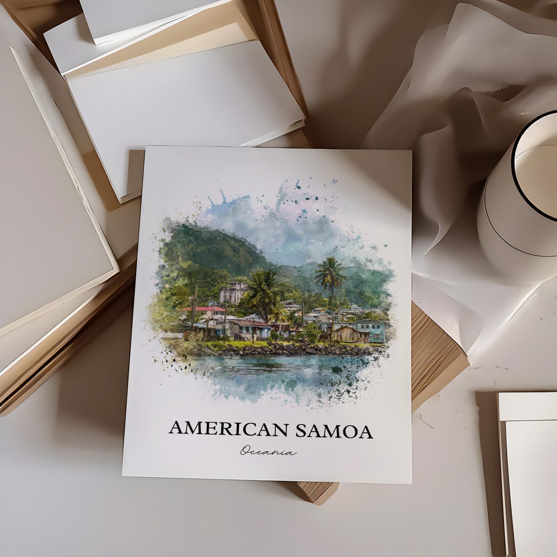 American Samoa Watercolor Coastal Village Ocean Travel Poster - Image 2