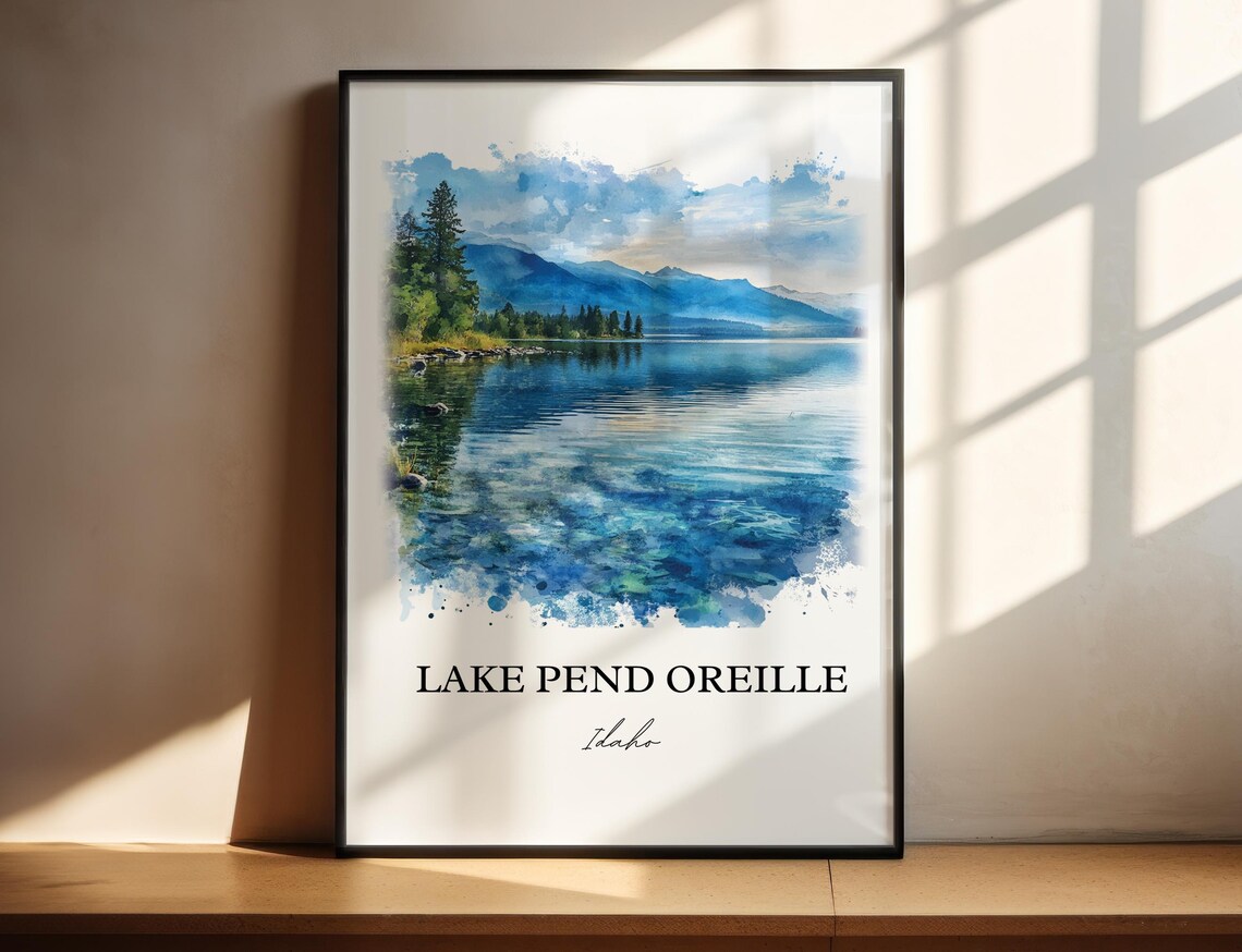 Lake Pend Oreille Idaho Watercolor Lake Landscape Travel Poster