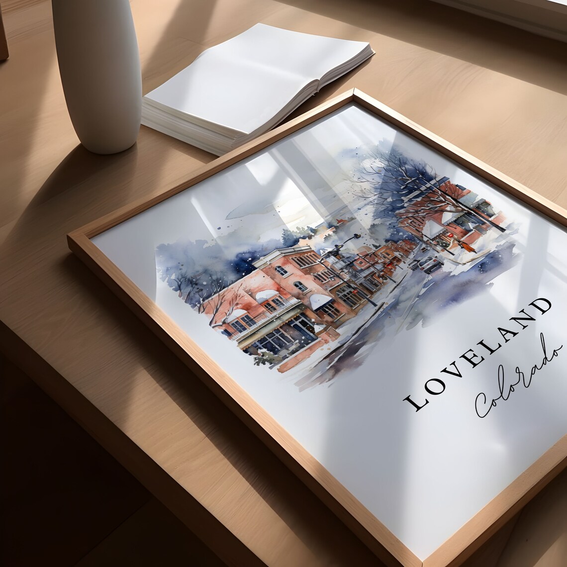 Loveland Colorado Watercolor Snowy Downtown Winter Street Poster - Image 6