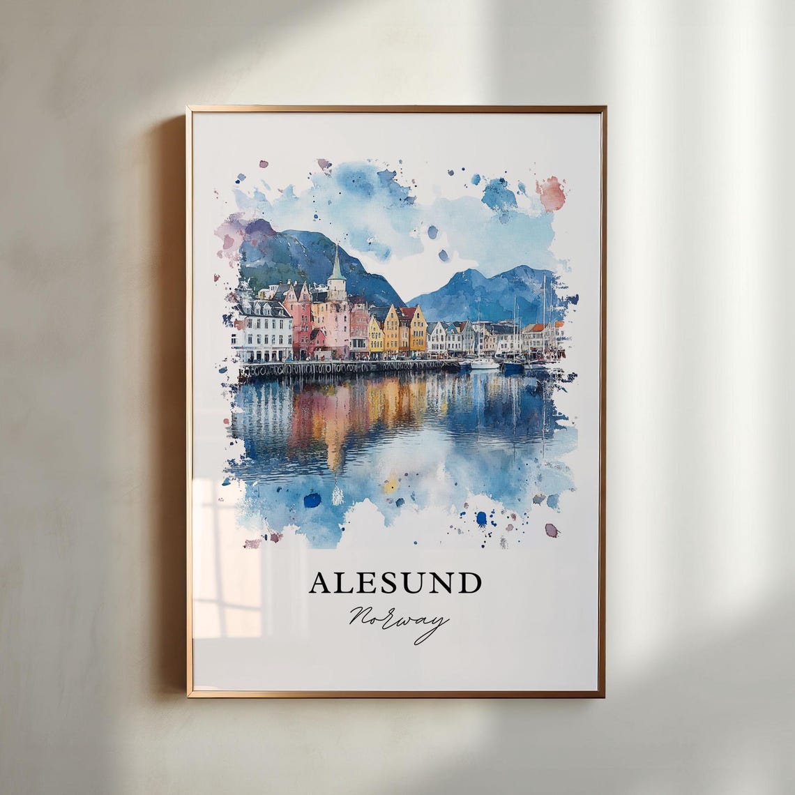 Alesund Norway Art Nouveau Waterfront Harbor Reflection Travel Poster