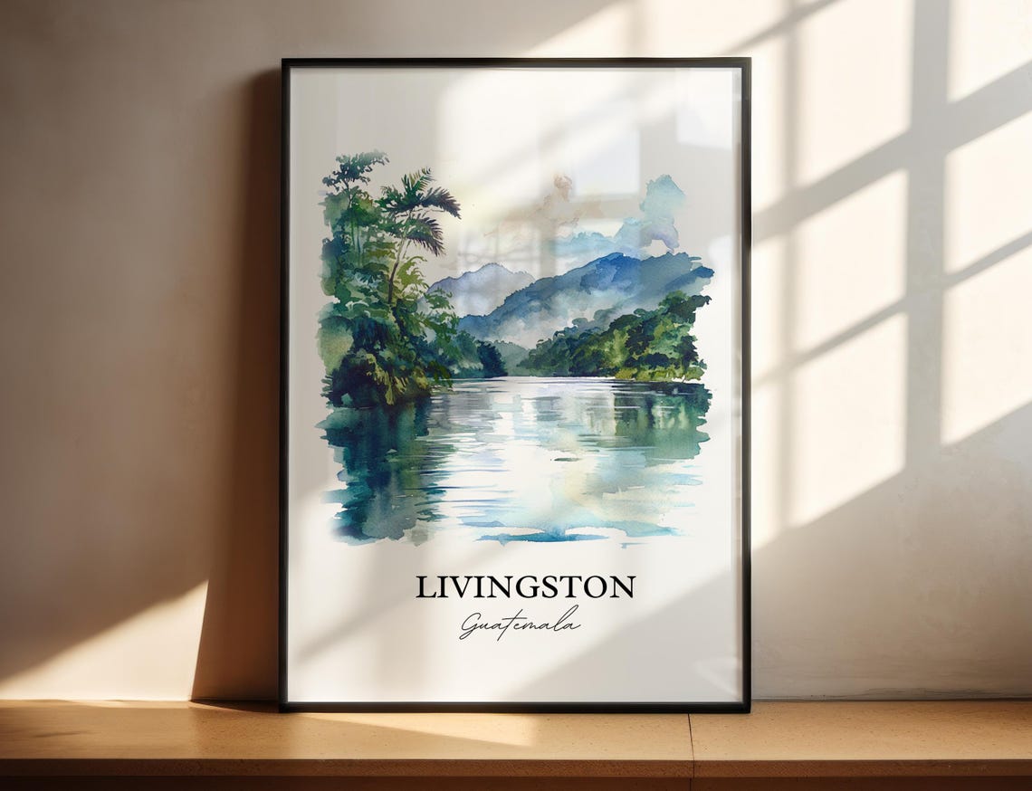 Livingston Guatemala Jungle River Palm Trees Watercolor Scenic Poster