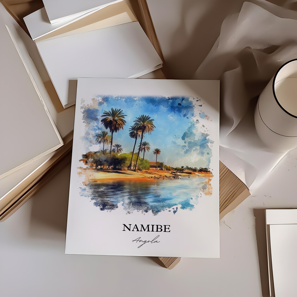 Namibe Angola Palm Trees Waterfront Oasis Watercolor Travel Poster - Image 3