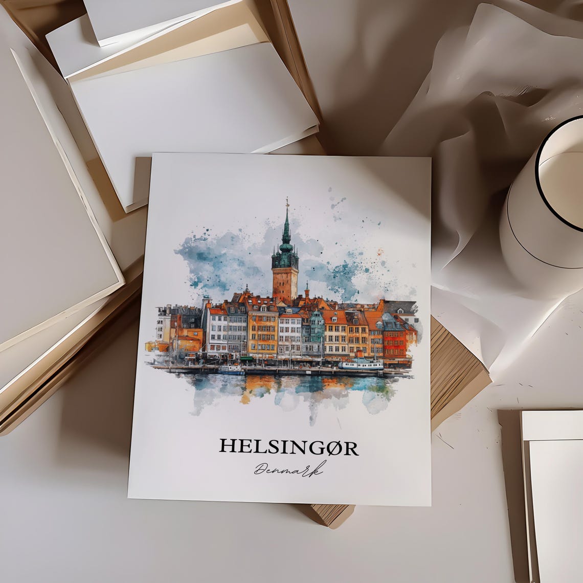 Helsingor Denmark Waterfront Old Town Spire Watercolor Poster - Image 5