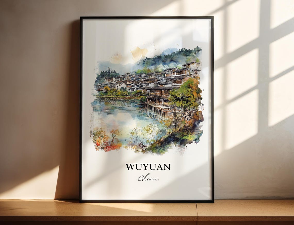 Wuyuan China Watercolor Ancient Water Town Lake Reflection Poster