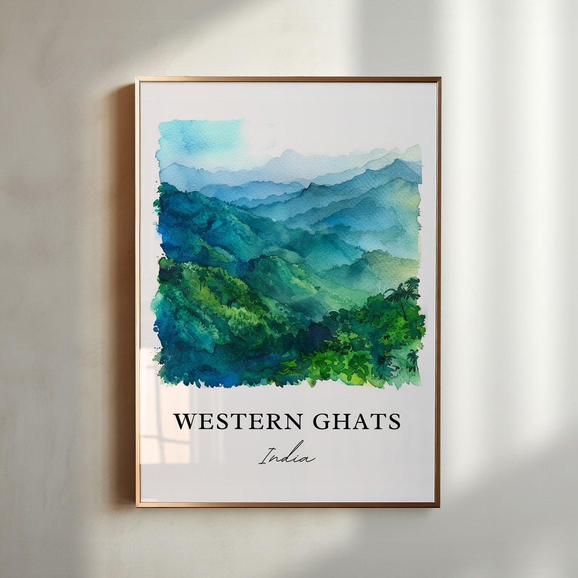 Western Ghats India Emerald Mountain Ridges Watercolor Travel Poster