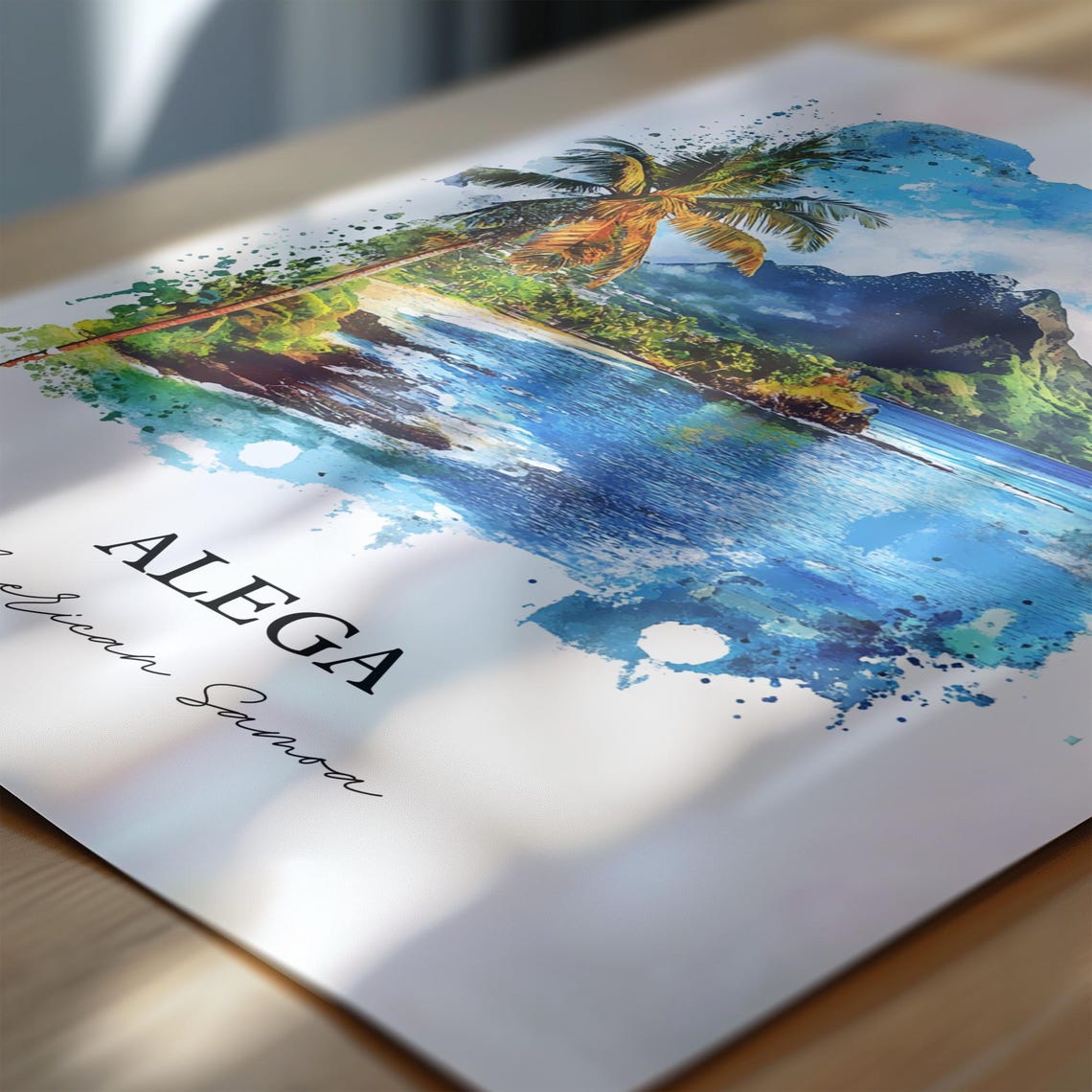 Alega American Samoa Volcanic Peak Palm Beach Watercolor Poster - Image 3