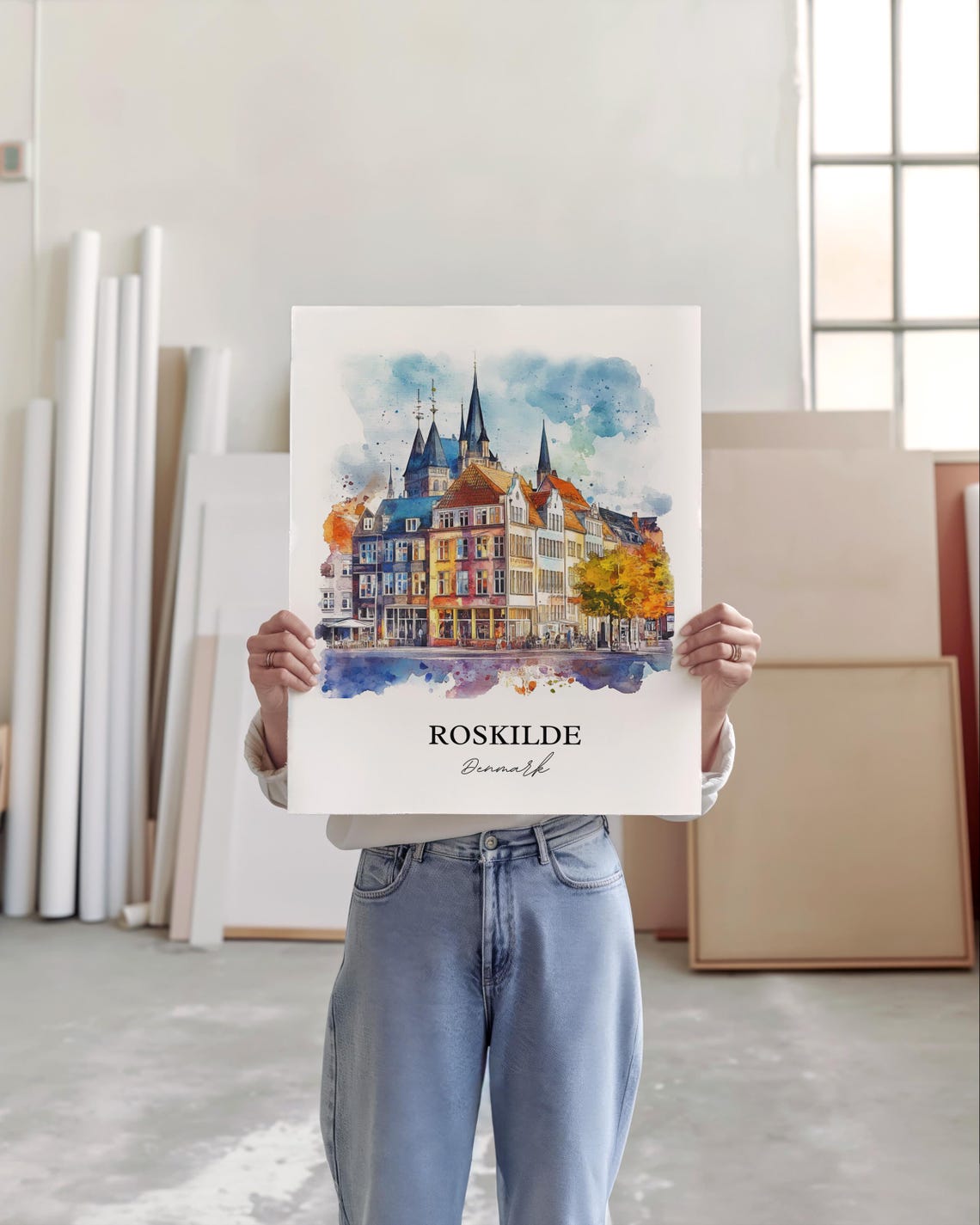 Roskilde Denmark Colorful Old Town and Spires Watercolor Poster - Image 4