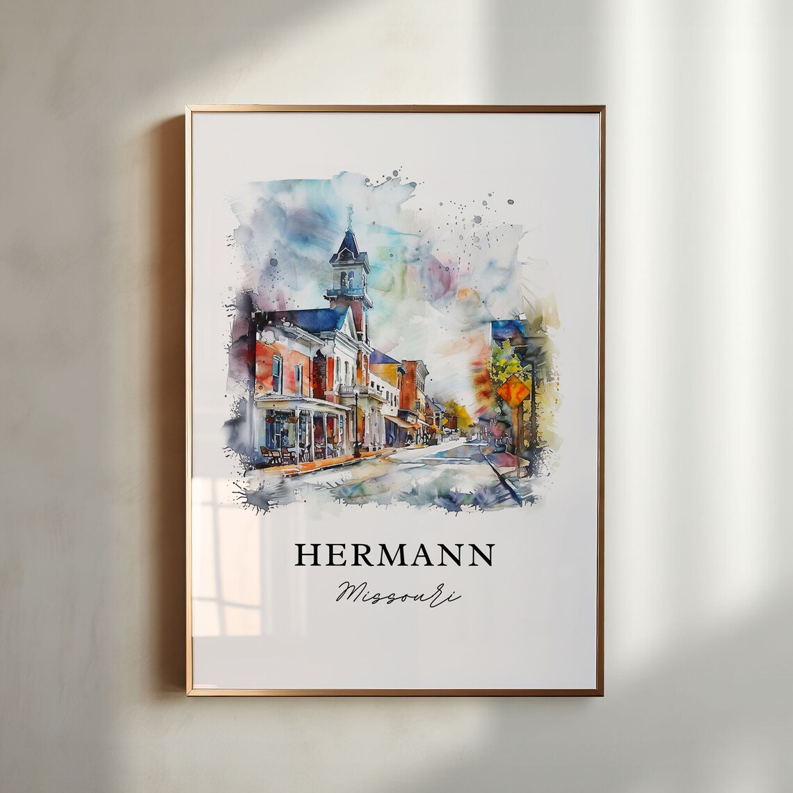 Hermann Missouri Watercolor Travel Poster, Housewarming