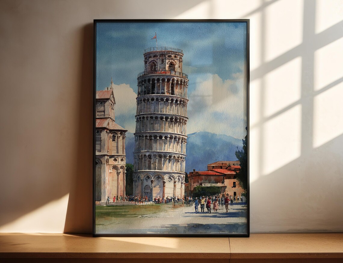 Leaning Tower of Pisa Italy Famous Landmark Watercolor Art Poster