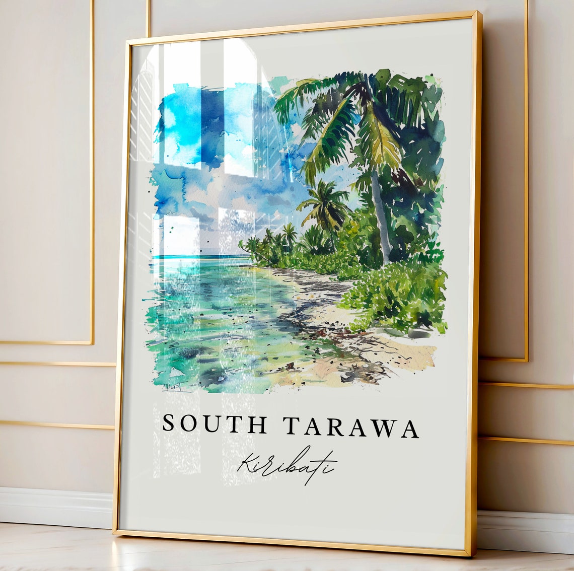 South Tarawa Kiribati Palm Beach Lagoon Watercolor Art Travel Poster - Image 5