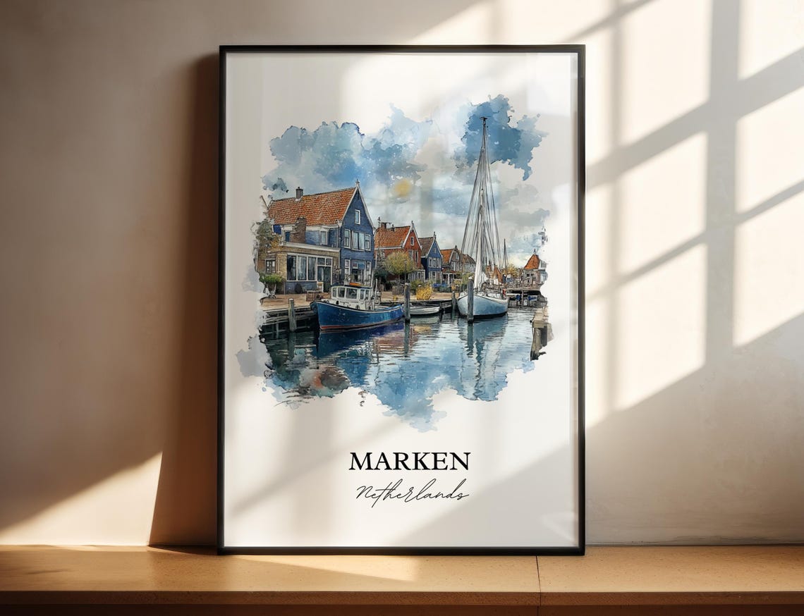 Marken Netherlands Fishing Harbor Boats Watercolor Travel Poster