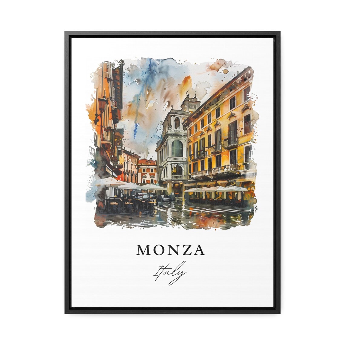 Monza Italy Piazza Cafe Umbrellas Watercolor City Street Poster - Image 2