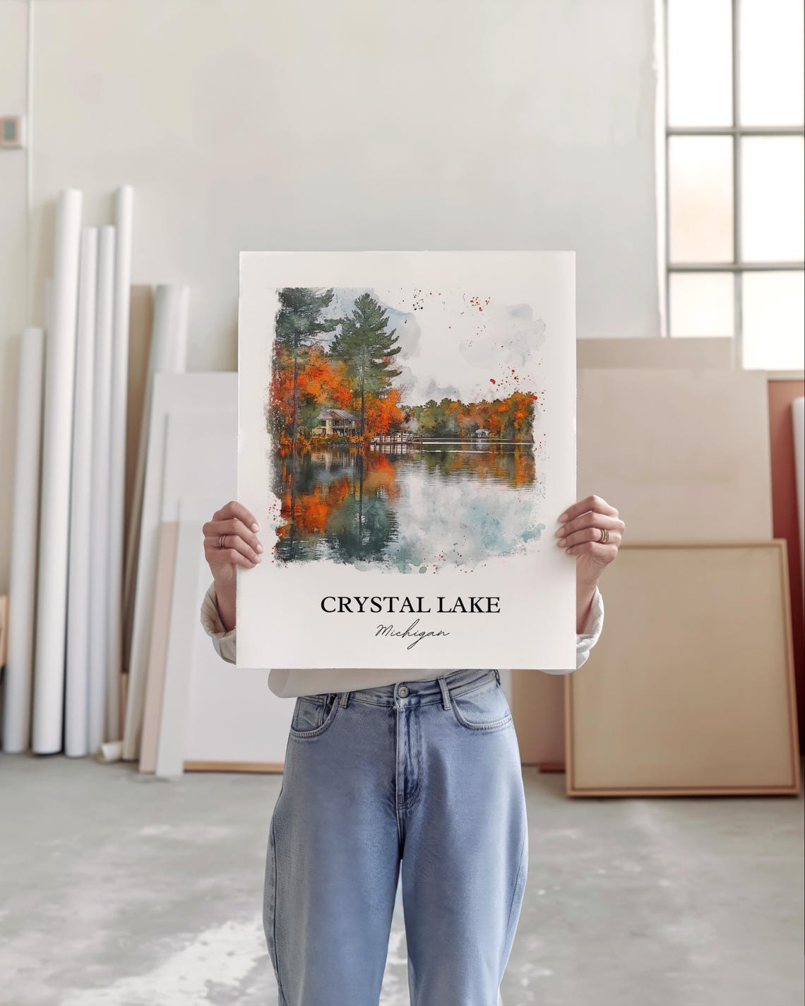 Crystal Lake Michigan Autumn Cabin Foliage Reflection Poster - Image 4
