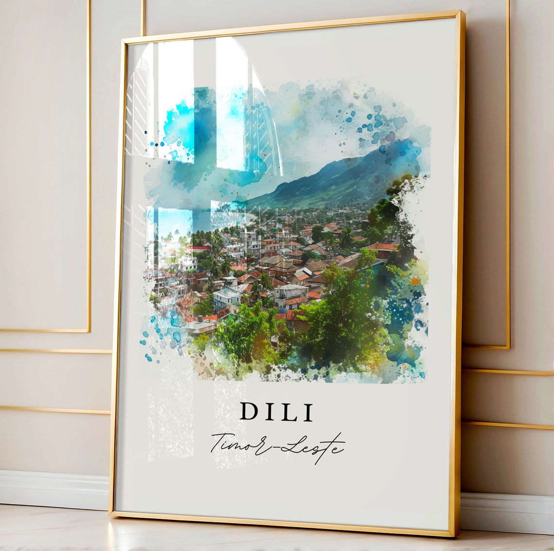 Dili Timor Leste Watercolor Coastal Town Bay View Travel Poster - Image 4