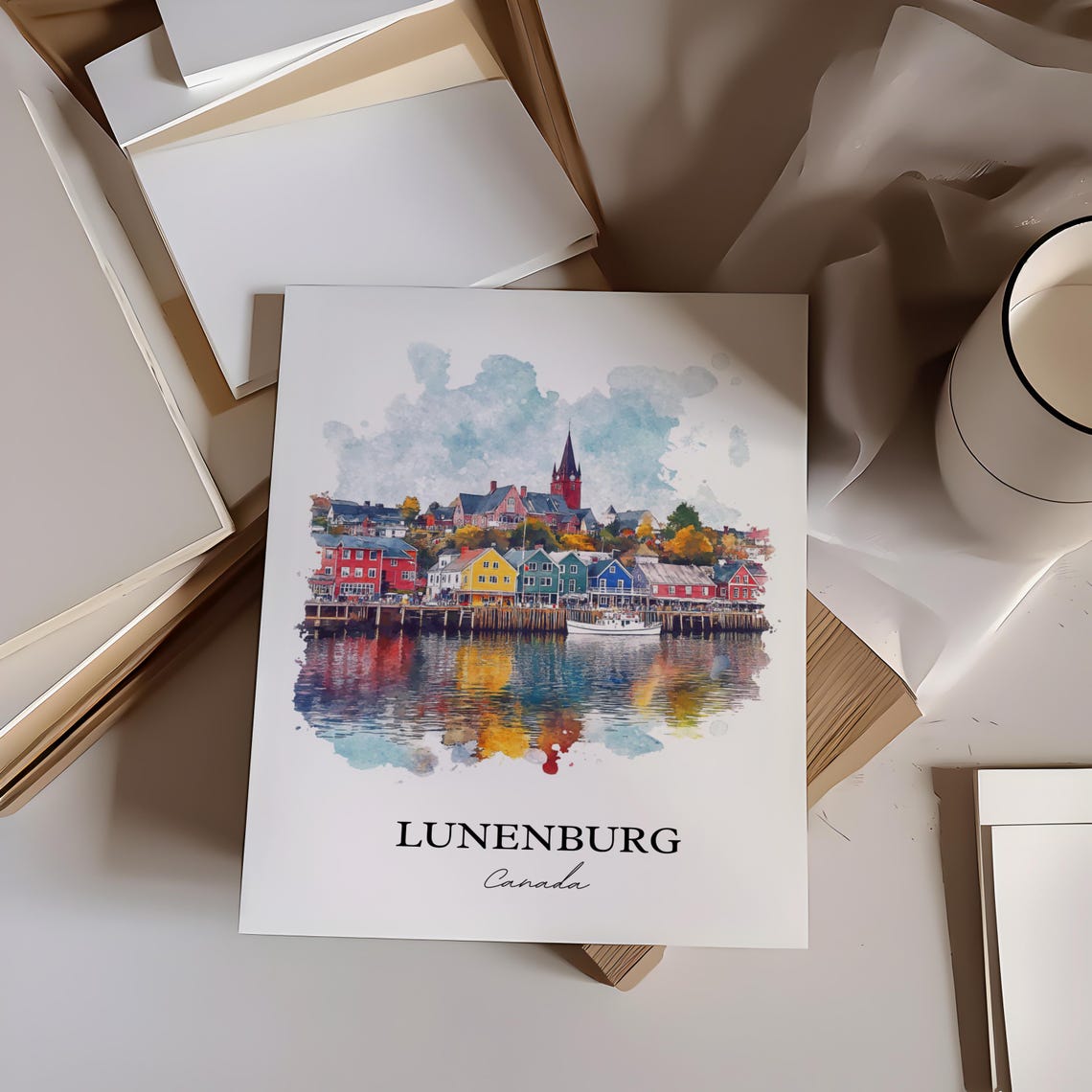 Lunenburg Nova Scotia Colorful Harbor Watercolor Travel Poster - Image 2