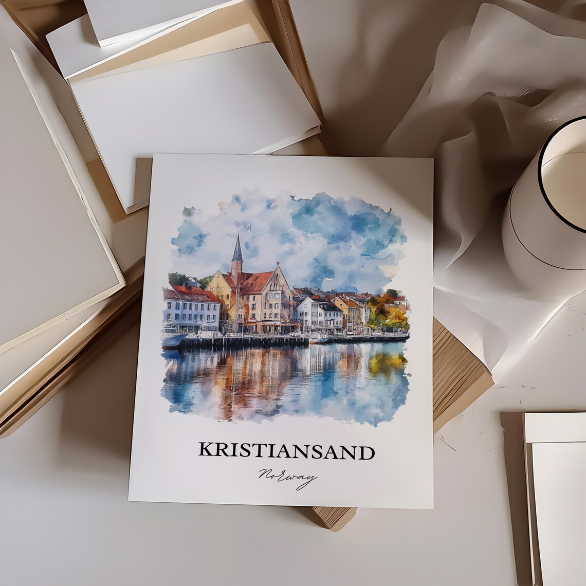Kristiansand Norway Watercolor Harbor Town Church Travel Poster - Image 5