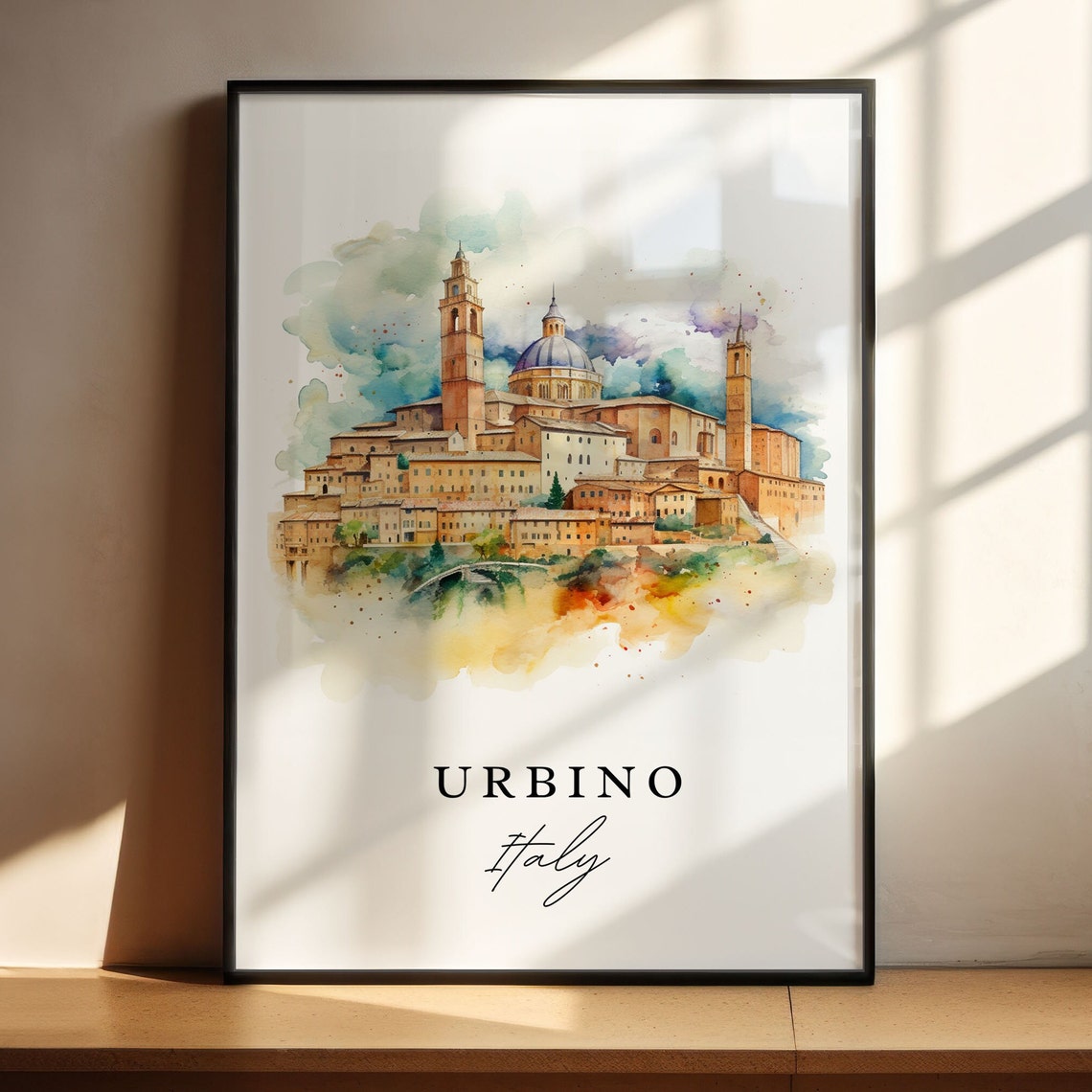 Urbino Italy Watercolor Hilltop Renaissance City Dome Poster