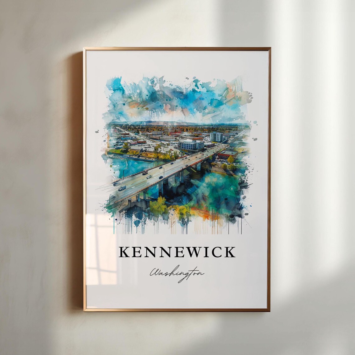 Kennewick Washington River Bridge Aerial Watercolor Travel Poster