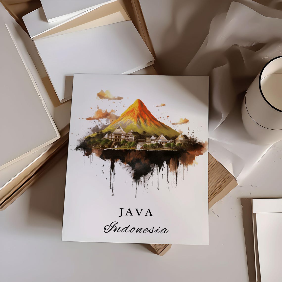 Java Indonesia Volcano Temple Watercolor Travel Souvenir Poster - Image 5
