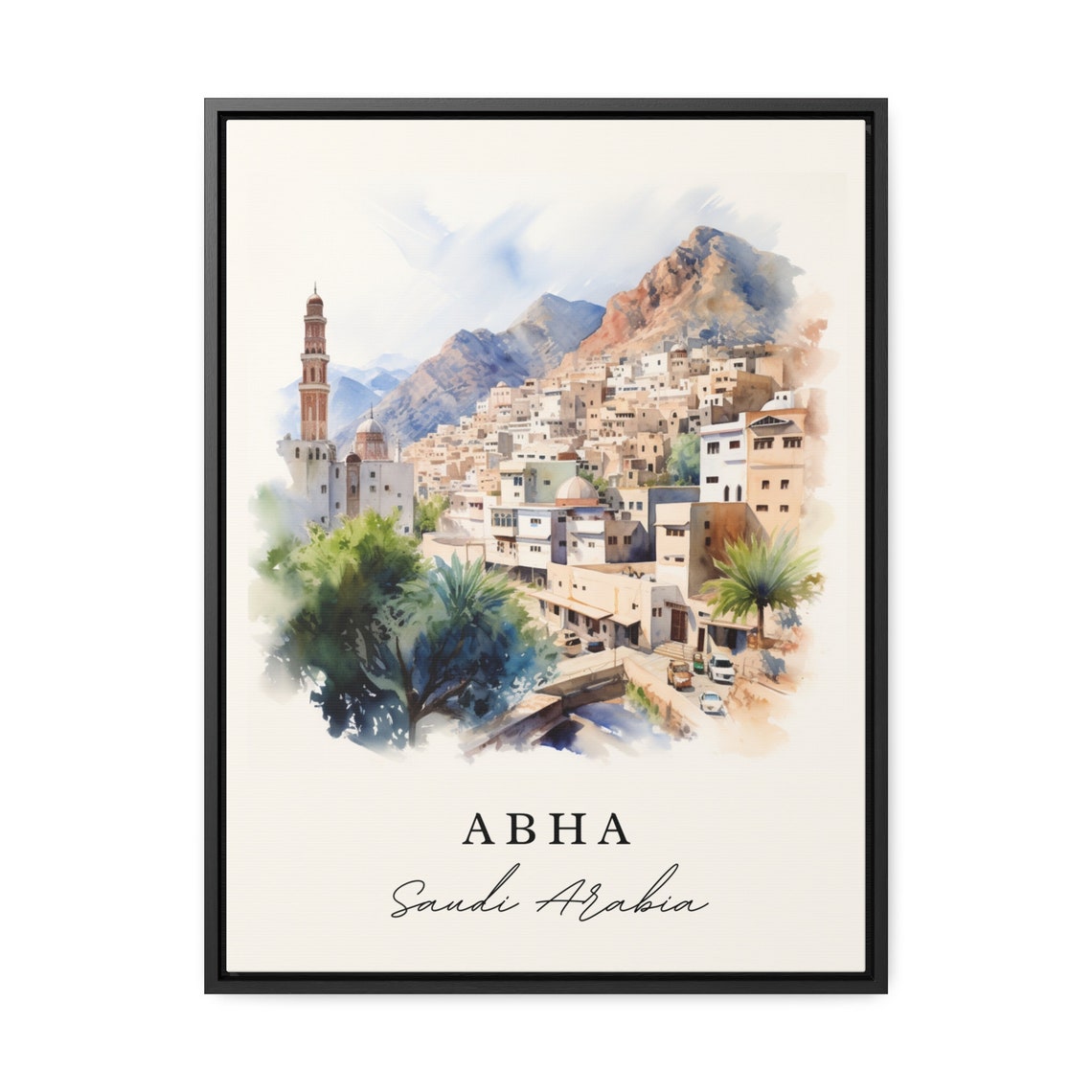 Abha Saudi Arabia Watercolor Mountain City Mosque View Poster - Image 2