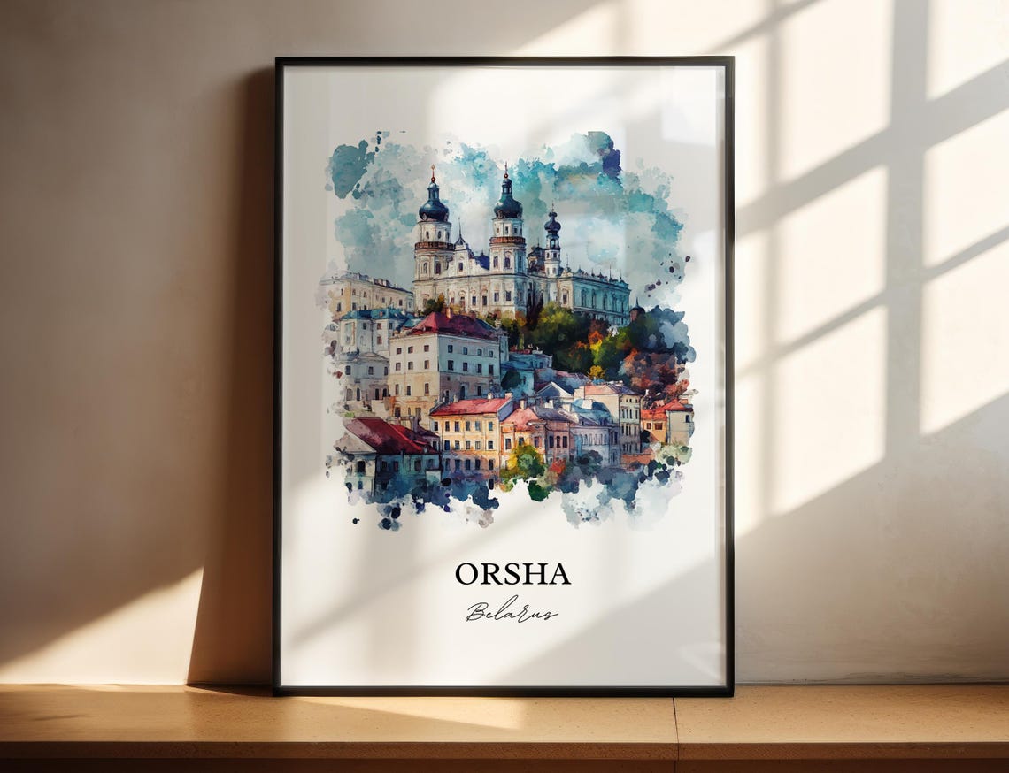 Orsha Belarus Hilltop Church Towers Old Town Watercolor Travel Poster