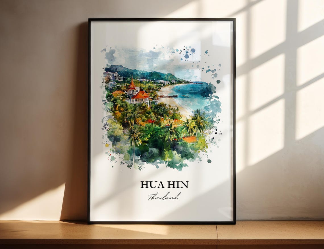 Hua Hin Thailand Watercolor Beach Palm Trees Seaside Art Poster