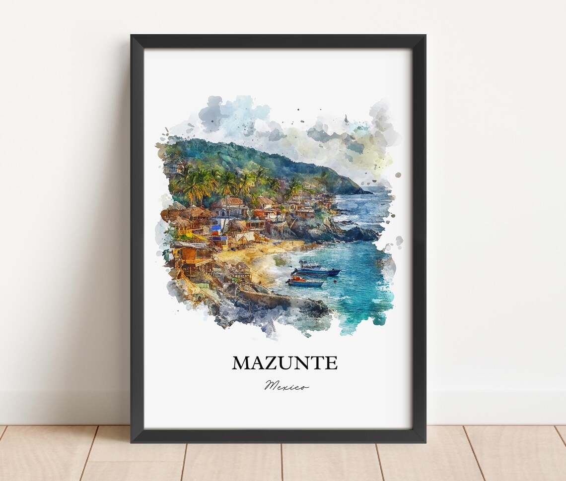 Mazunte Mexico Coastal Beach Town Boats Watercolor Travel Poster - Image 4