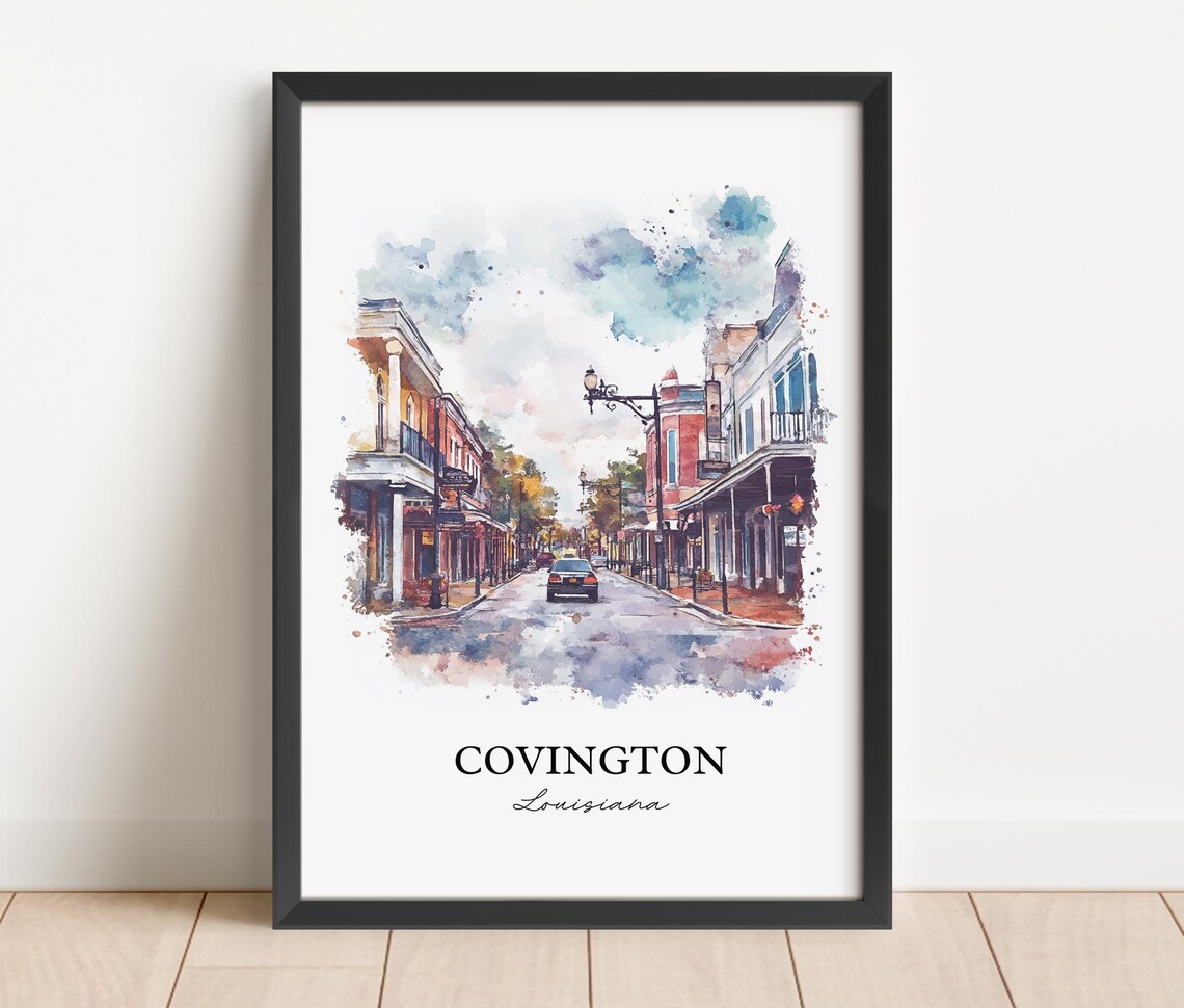 Covington Louisiana Old Town Main Street Watercolor Travel Poster - Image 3