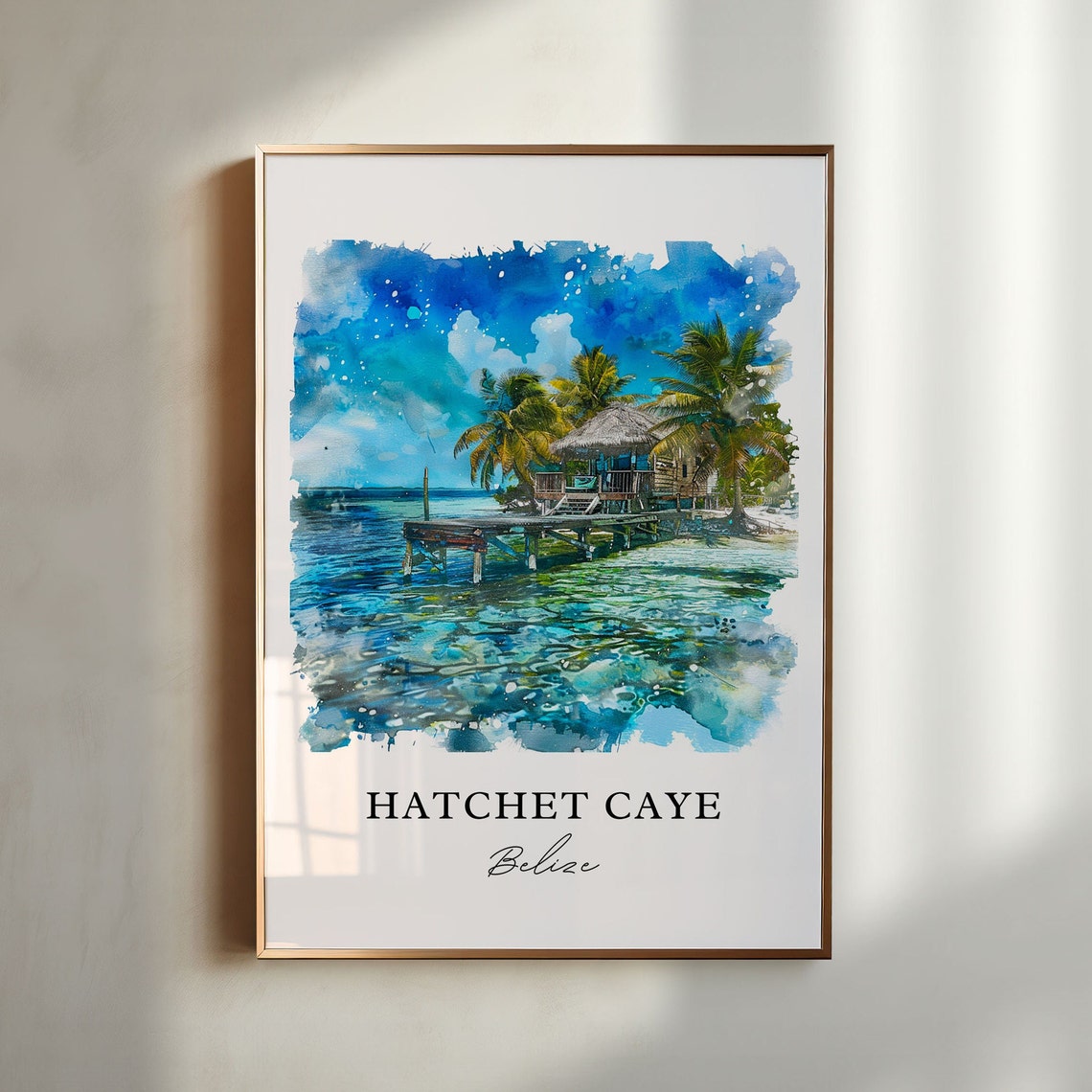 Hatchet Caye Belize Watercolor Overwater Dock Island Art Print