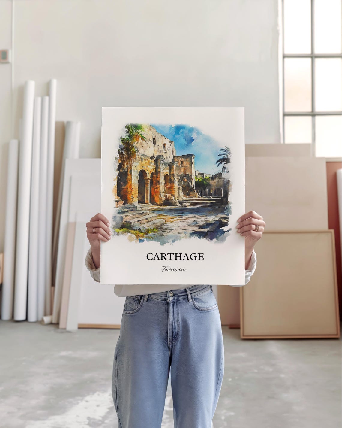 Carthage Tunisia Ancient Stone Ruins Watercolor Travel Poster - Image 4