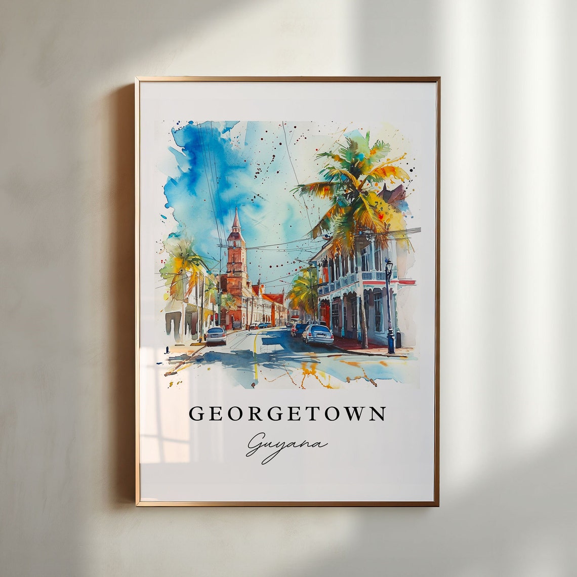 Georgetown Guyana Colonial Street Watercolor City Scene Poster