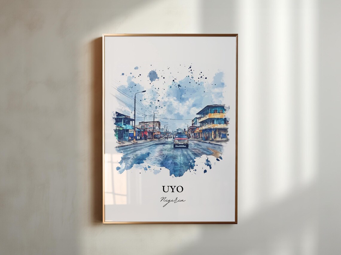 Uyo Nigeria African Watercolor Rainy Street Car Scene Poster - Image 6