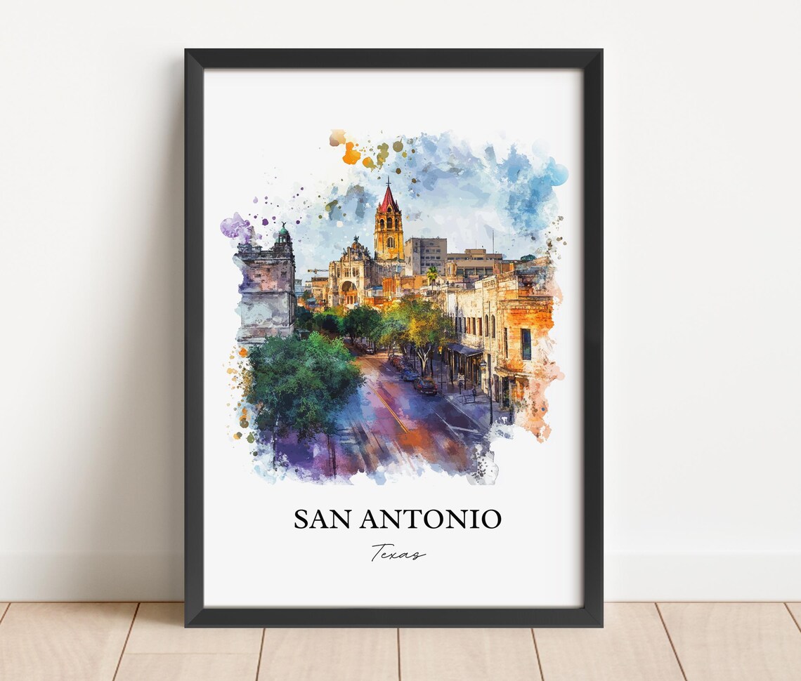 San Antonio Texas Historic Cathedral Street Watercolor Travel Poster - Image 2
