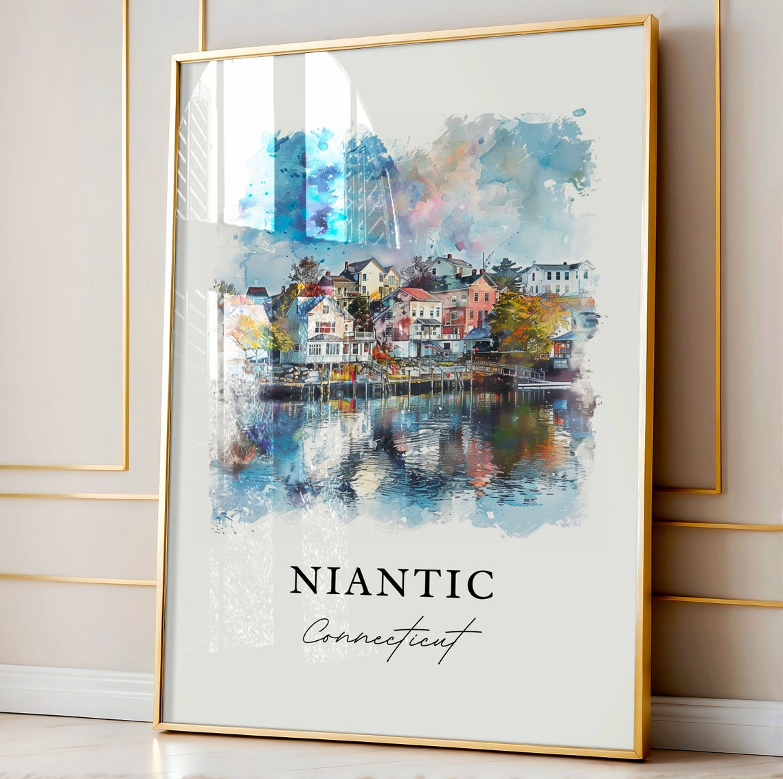 Niantic Connecticut Watercolor Harbor Village Reflection Poster - Image 4