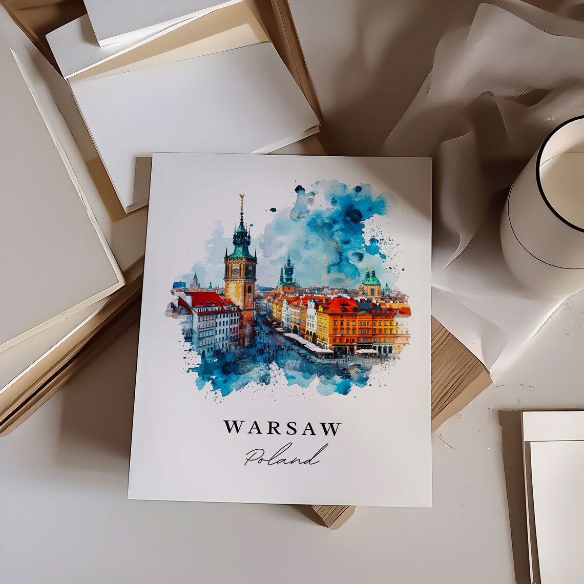 Warsaw Poland Colorful Old Town Square Watercolor Travel Poster - Image 6