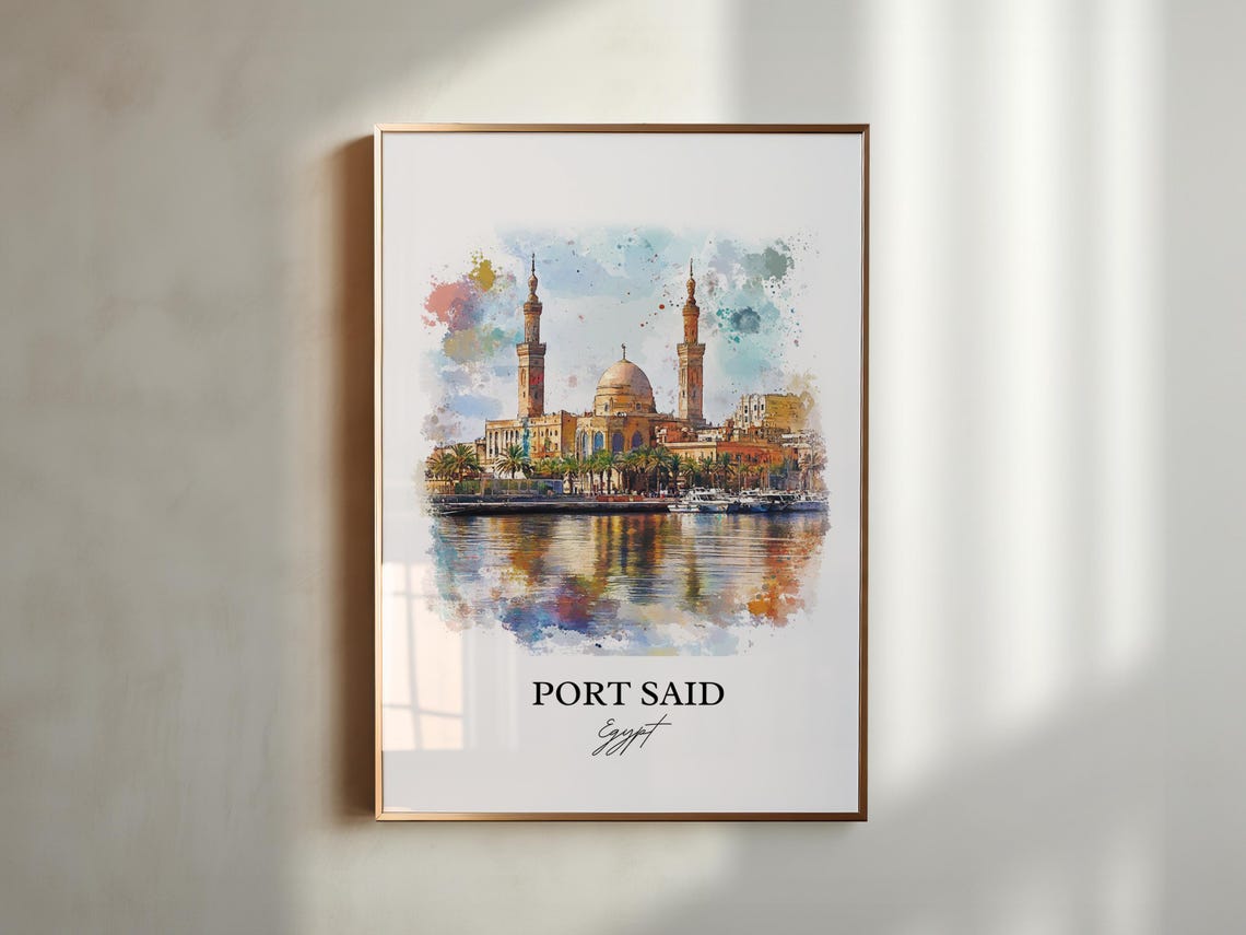 Port Said Egypt Waterfront Mosque Skyline Watercolor Art Poster - Image 5