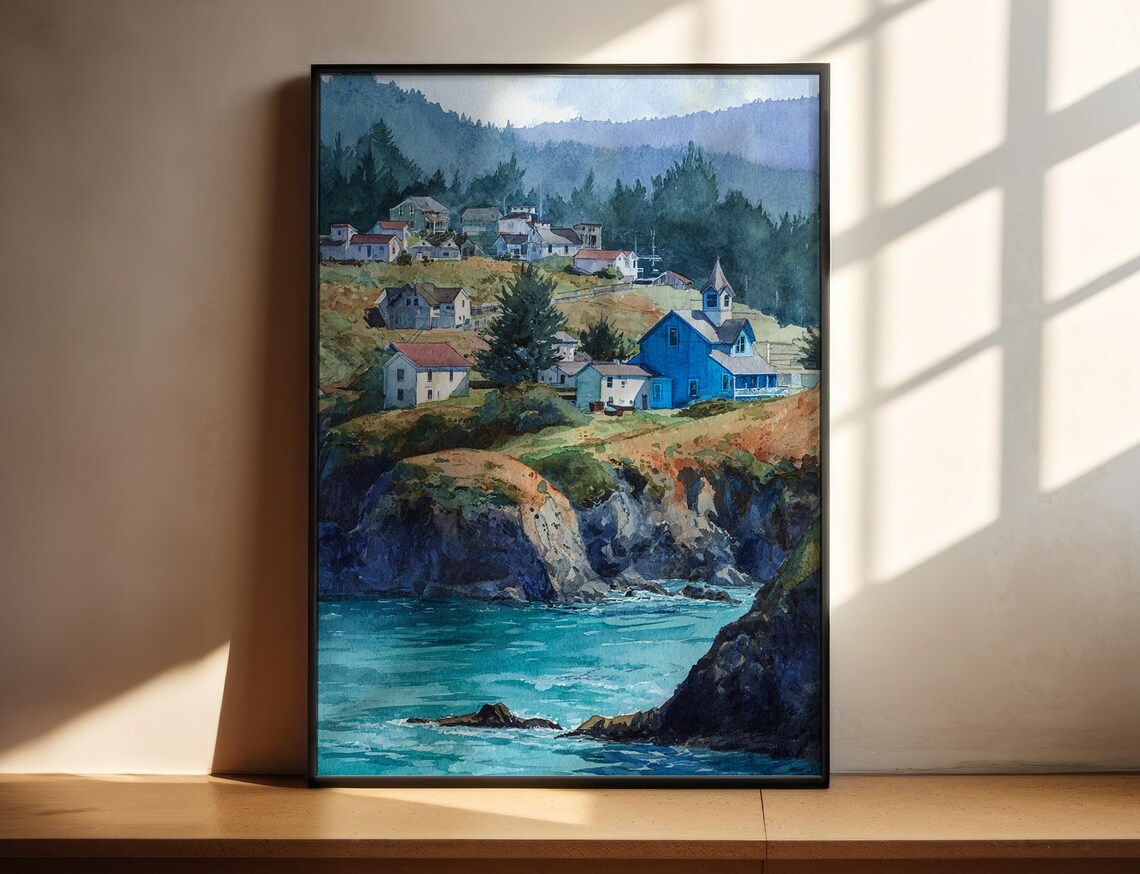 Mendocino CA Watercolor Travel Poster, Wall Decor