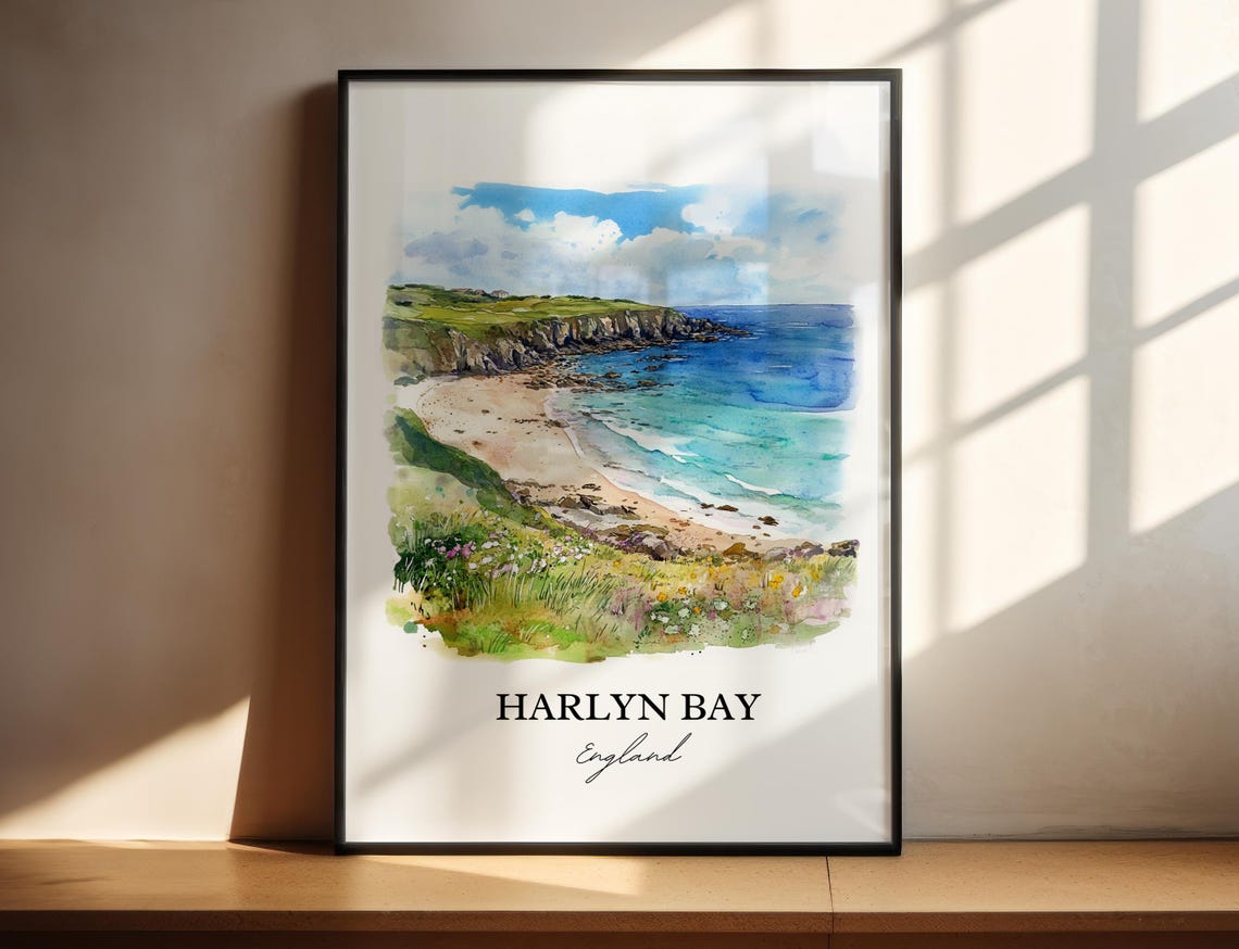 Harlyn Bay England Watercolor Beach Cliffs Turquoise Sea Coast Poster