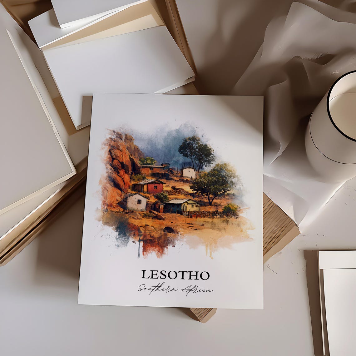 Lesotho Southern Africa Mountain Village Scene Watercolor Poster - Image 6